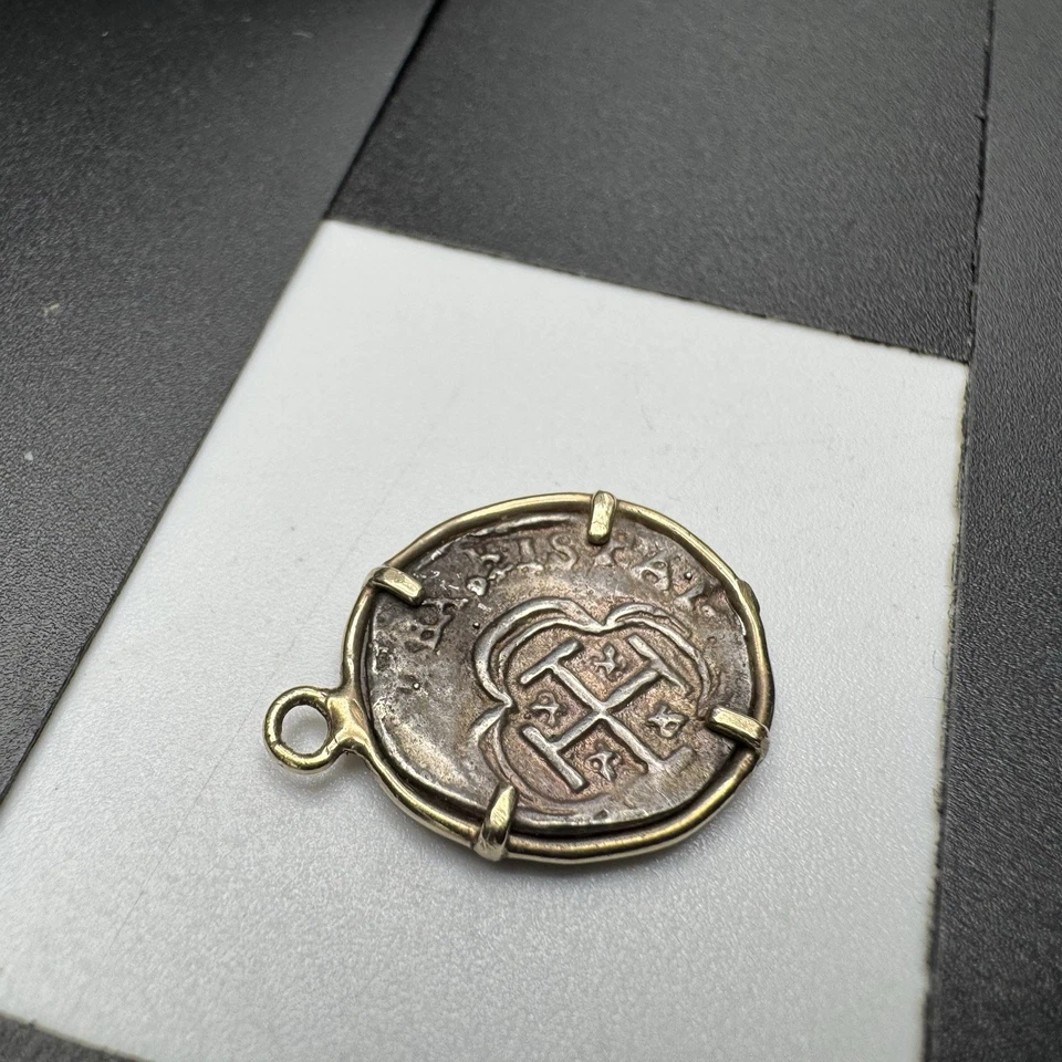 14K Yellow Gold Spanish 2 Reales Shipwreck Cobb Coin Bezel Pendant **ORIGINAL** - Image 2 of 4