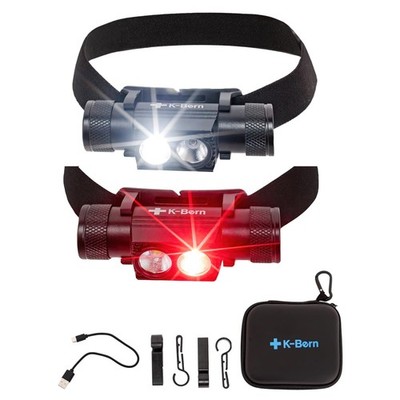 K-Bern 1000 Lumen Rechargeable Headlamp Red/White LED, UL 2600 mAh Battery