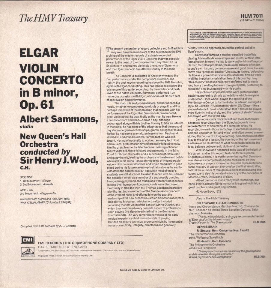 HLM7011 Albert Sammons / New Queen's Hall Orchestra / Sir Henry Wood Elgar - Photo 2/4