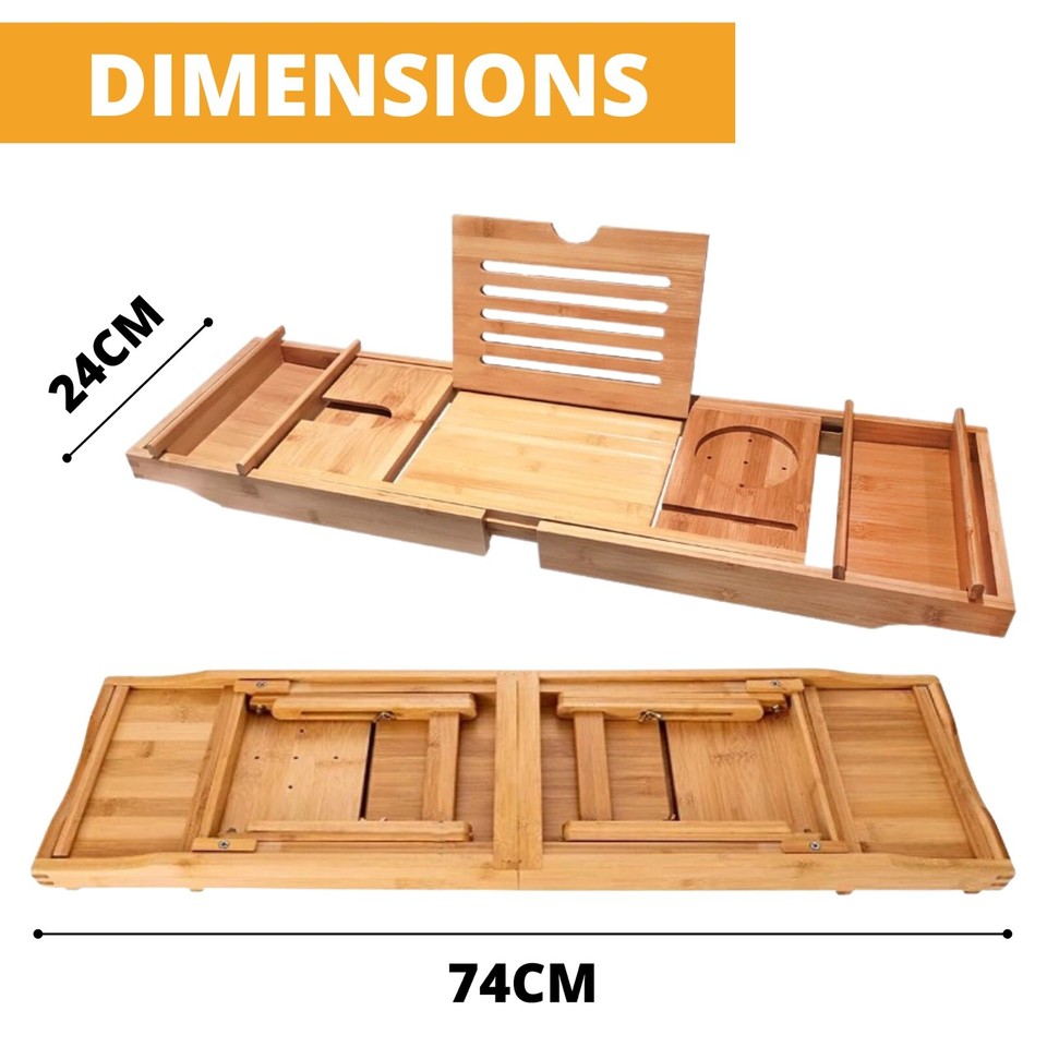 Wooden Extendable Bamboo Bath Caddy 74x24x4cm Brown/White