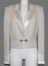 Vtg Audrey Ma Tan Sweater Front Long Checkered Cuffs Satin Lapels Jacket Wm's S