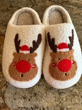 Cute Cozy Sherpa Red Reindeer Christmas Slippers