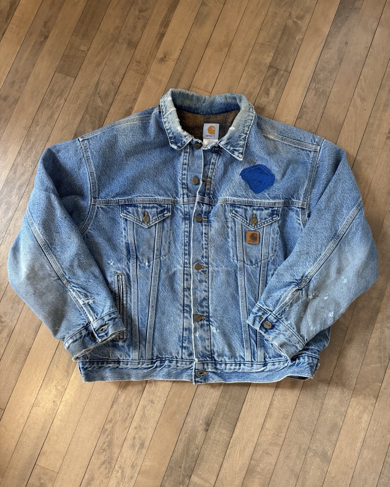 Vtg 90s Carhartt Denim Trucker Jacket Blanket Lined XL Union Made In USA J11DST