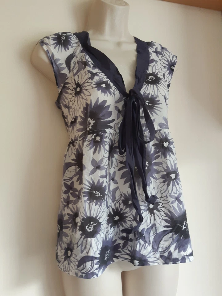 Kew @ Jigsaw Silk Floral Sunflower Print Cotton Purple White Top UK 8 EU 38 US 4 - Image 4 of 4