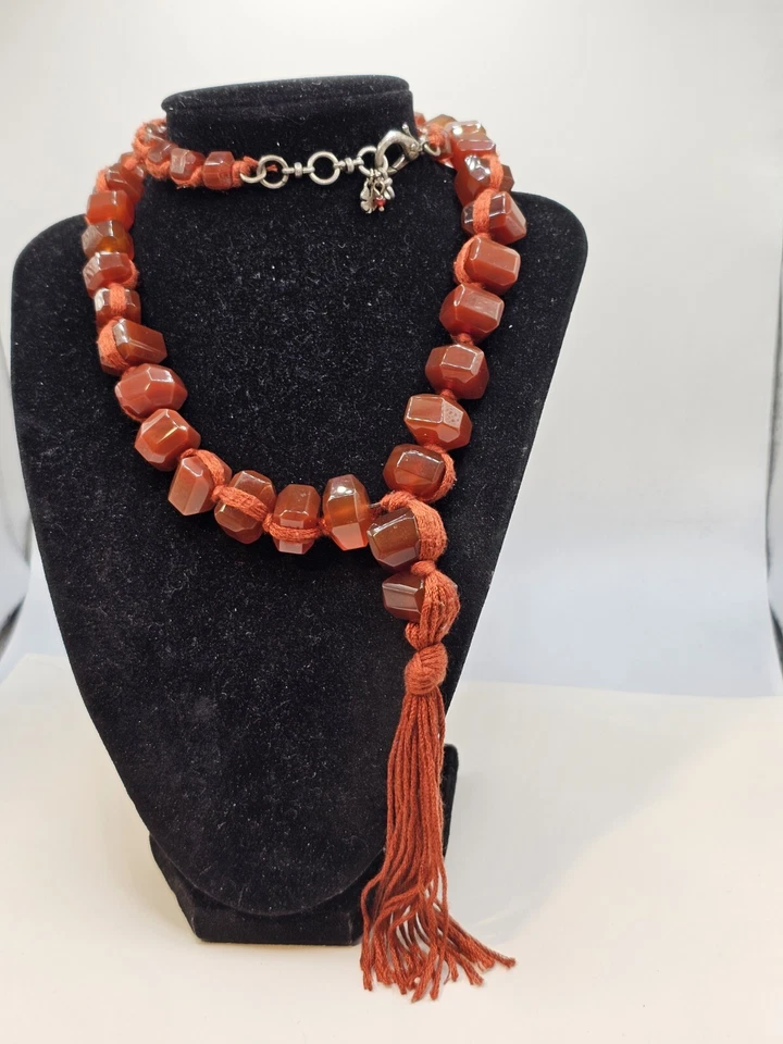 Lucky Brand Statement Carnelian Necklace 26"+ Tassel Signed Boho Y2K - Image 3 of 4
