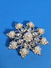Flower Brooch Pin Perfect Condition Silver Tone Rhinestone And Faux Pearls