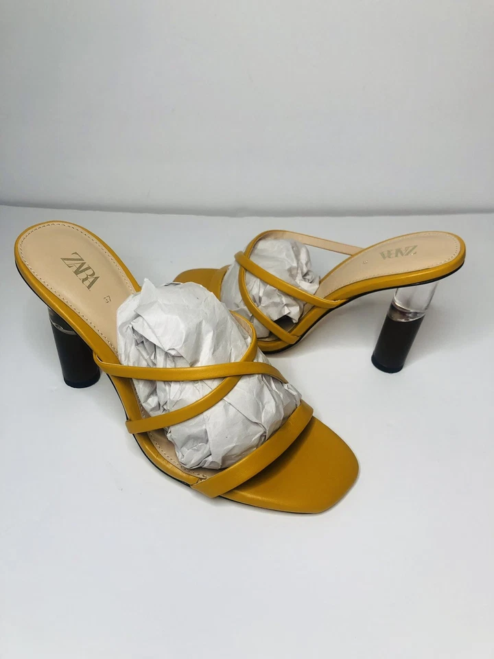Zara 绑带圆筒跟凉鞋 Y2K 芥末黄色 37 码方头 7 码 — 第 2/4 张图片