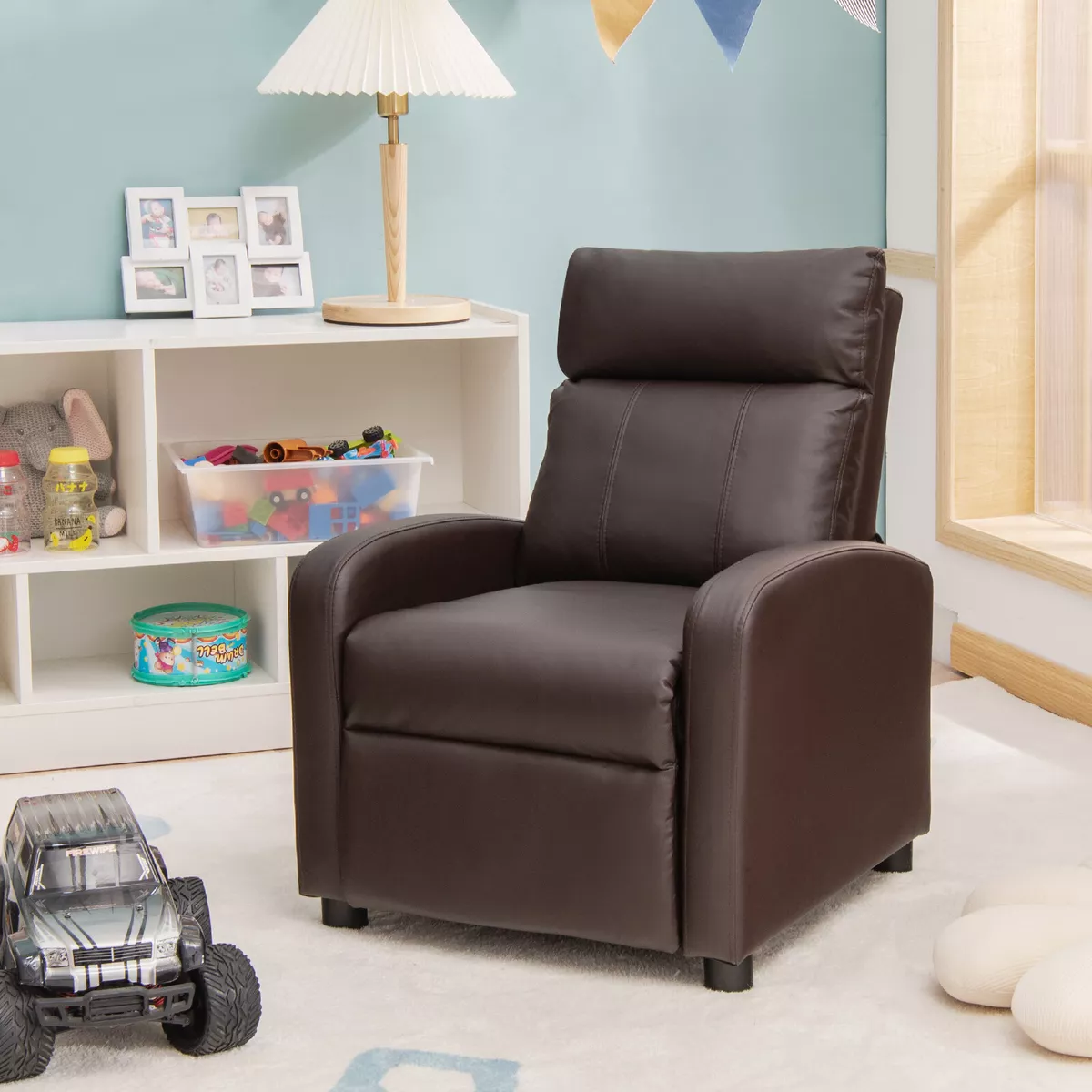 Cozy Kids’ Reclining Chair w/ Adjustable Backrest & Footrest & Side Pocket  Brown