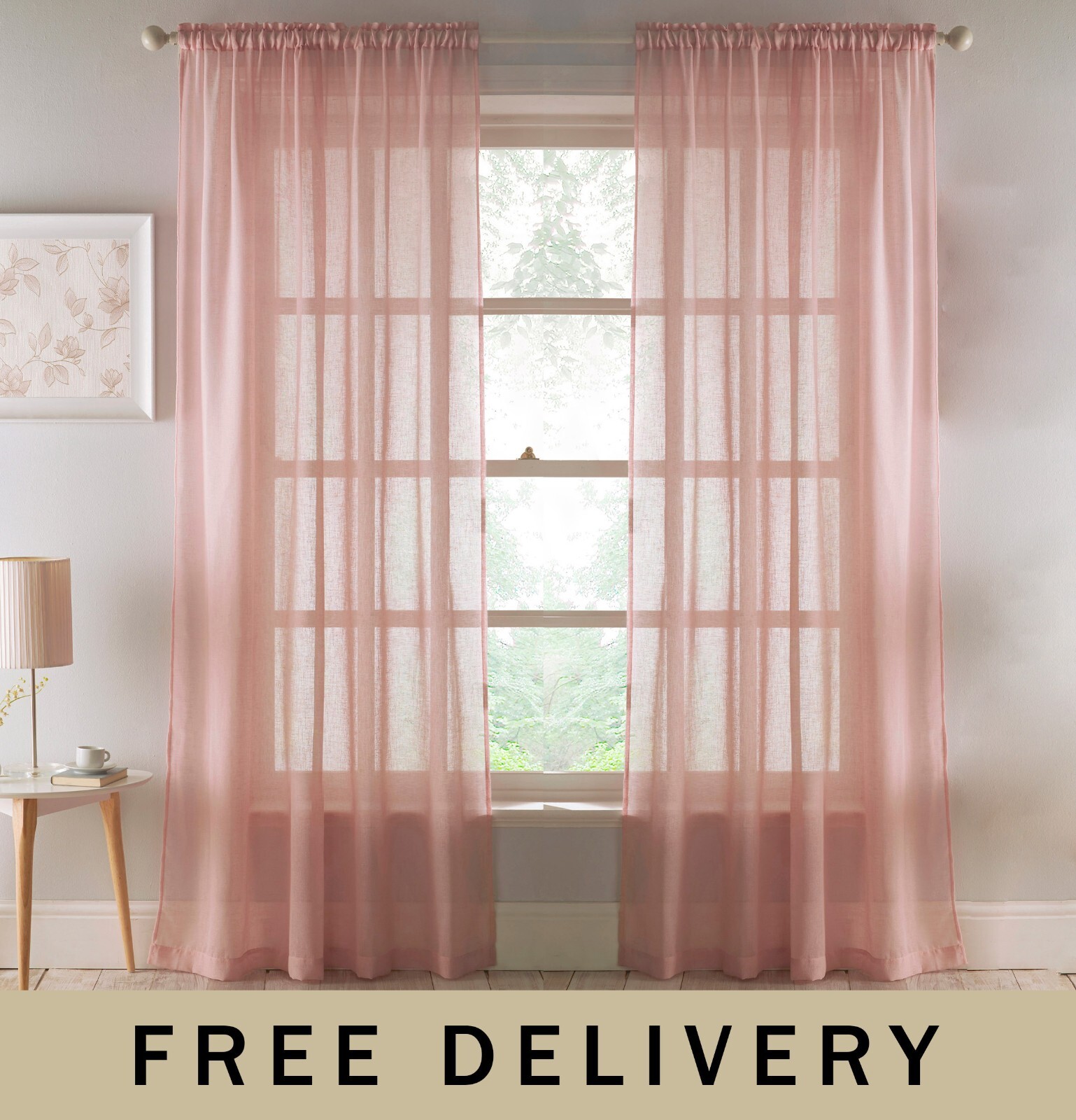 Recycled Pink Linen Look Voile Panels Pair 55x72"" For Bedroom & Living Room