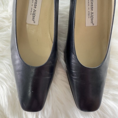 VTG 1980's Etienne Aigner Normandy Navy Lenvy Leather Chunky Heel Pumps Size 7 - Picture 4 of 14