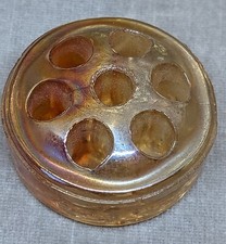 Vintage 2 3/8" Round Marigold Carnival Iridescent Glass Flower Frog 7 hole