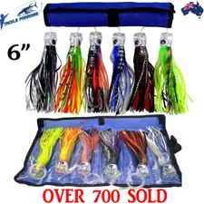 6" Pusher Game Fishing Trolling Lures Skirted Marlin Tuna Rigged Mahi Set of 6