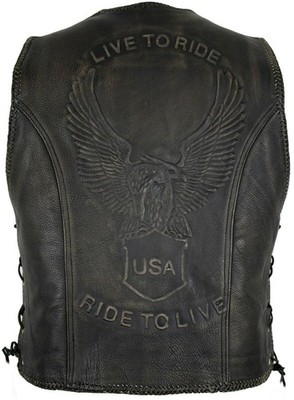 Mens Leather Snap Waistcoat with Eagle Embossing Vintage Style Biker 