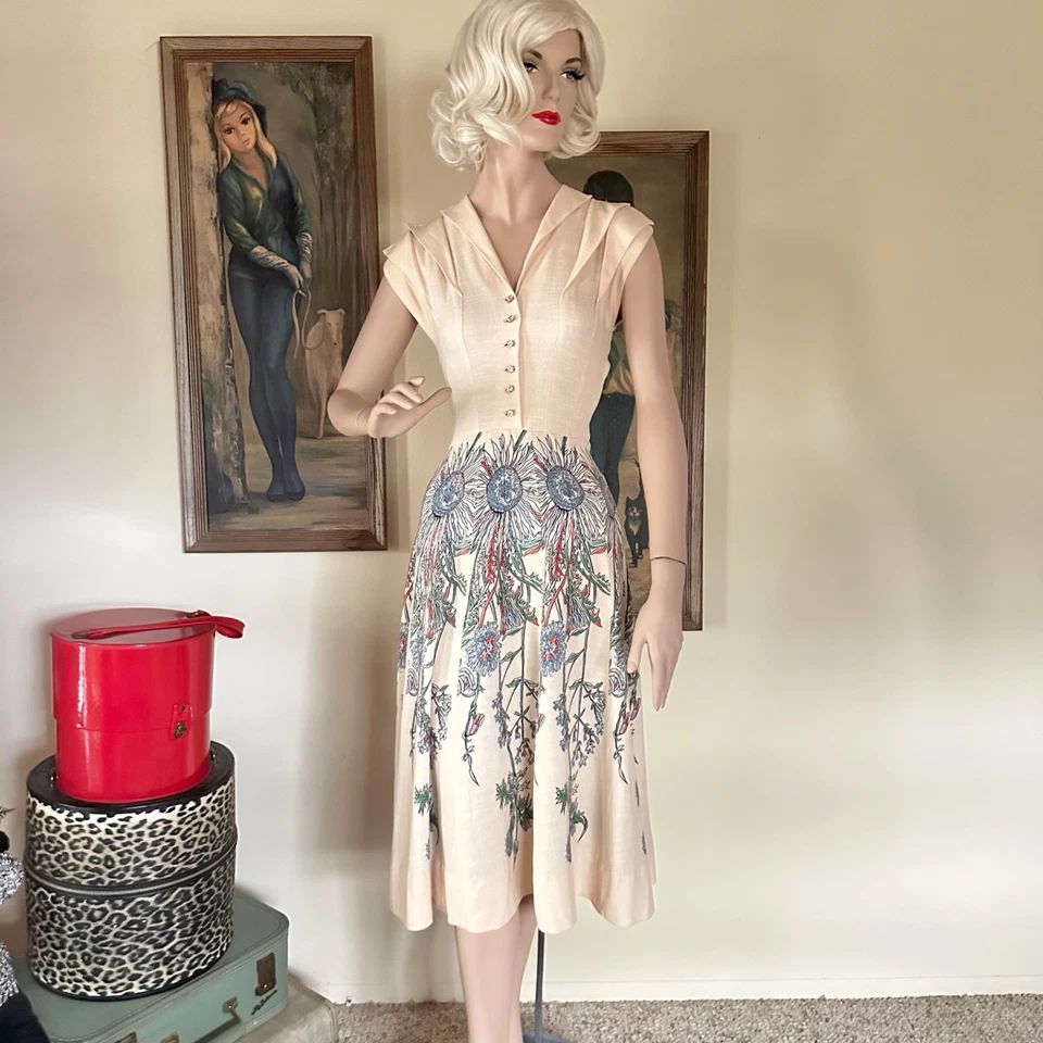 Vestido de Día Cintura Camisa Estampado Novedad Girasoles Atómicos Años 50 De Colección XS Foto 2 de 4