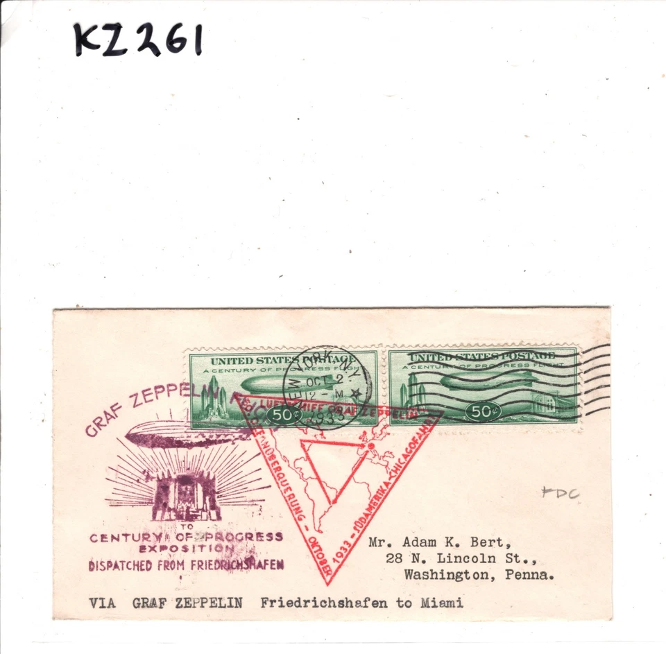 USA ZEPPELIN 50c Pai1r 1933 FDC #C18 First Day Cover CENTURY PROGRESS Expo KZ261 - Image 4 of 4