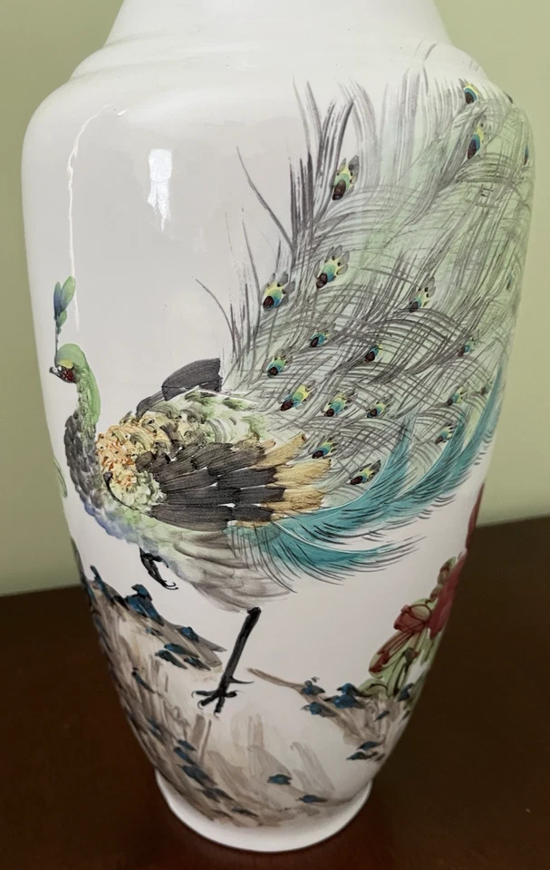 Jarrón grande de cerámica japonés pintado a mano pavo real real en exhibición completa-18"Tx24"C Foto 3 de 4