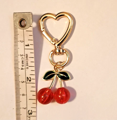Red CHERRY Keychain with Heart Clasp – Fruit Charm Gold Tone Bag Accessory CUTE!