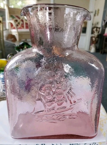 Vtg 8"X 6" BLENKO DOUBLE SPOUT WATER BOTTLE CARAFE ORCHID ROSE #384 ART GLASS