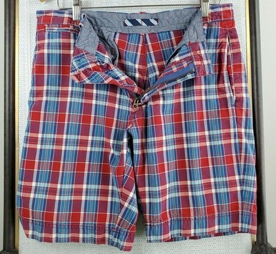 BROOKS BROTHERS 33 Waist Madras Plaid Red Blue Flat Front Cotton Bermuda Shorts