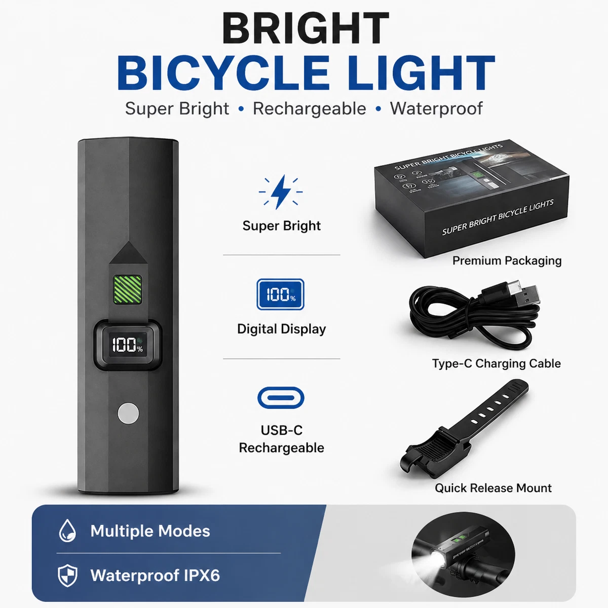 Bike Light Set Rechargeable LED Bicycle Lights Waterproof Headlight Front Rear