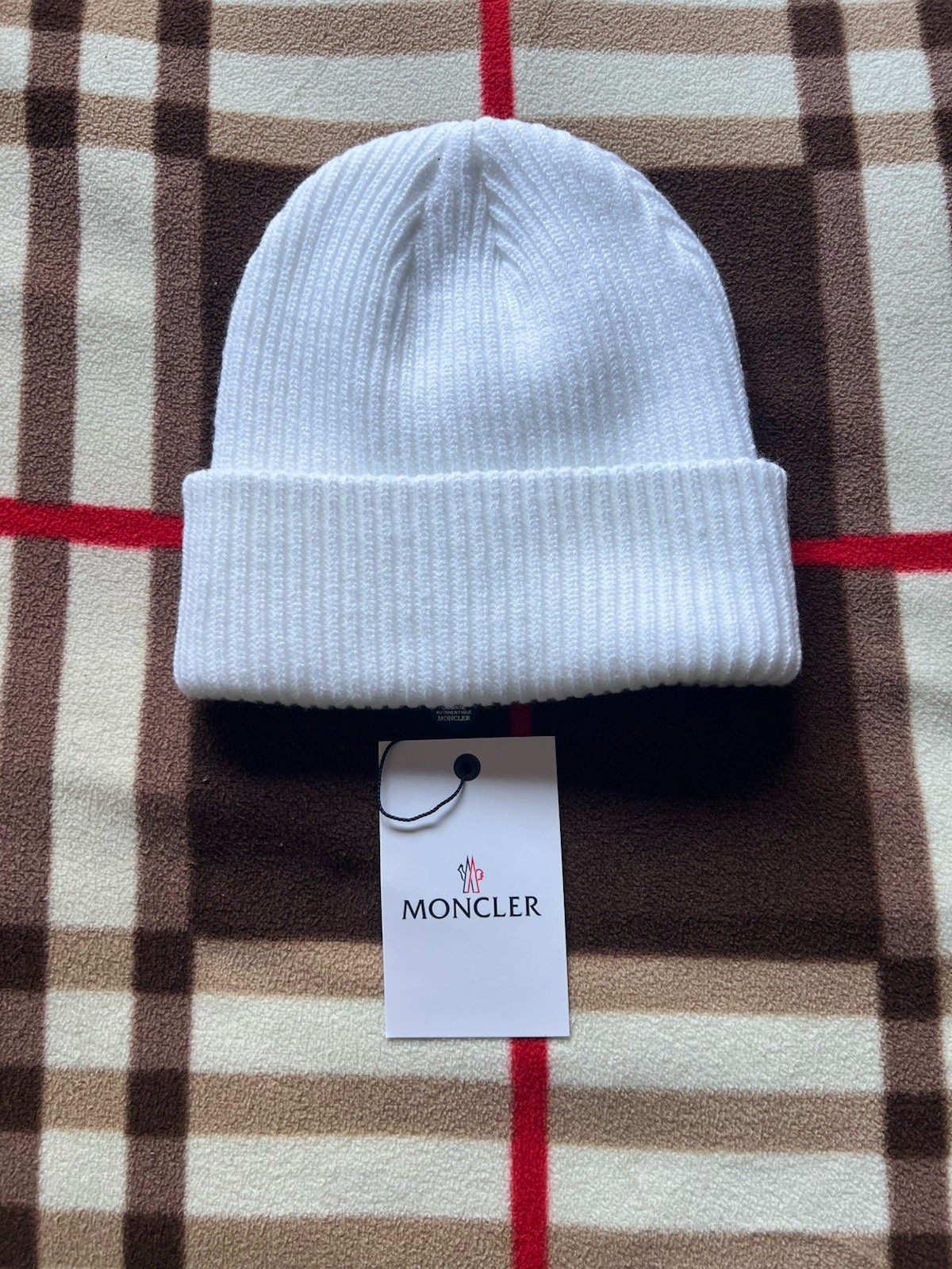 Moncler White Wool Rib Knit Beanie Logo Unisex Winter Ski Hat thumbnail 2