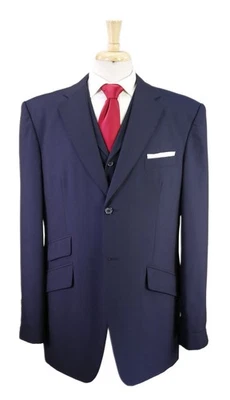 Custom Tailored Navy Blue Tonestripe 3-Piece Wool 2-Btn British Style Suit 44L - Image 1 of 4