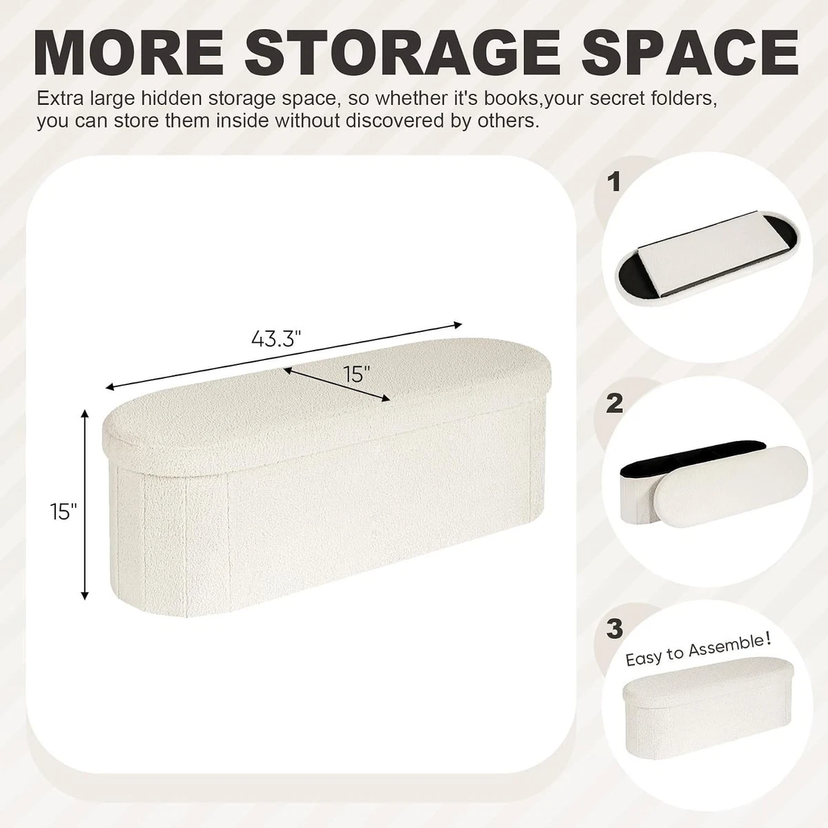 Folding Storage Ottoman Bench Cream Boucle Velvet 110 cm Large Capacity 270 kg