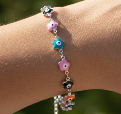 Multicolor Floral Evil Eye Bracelet Silver Plated Dainty Charm Chain For Women