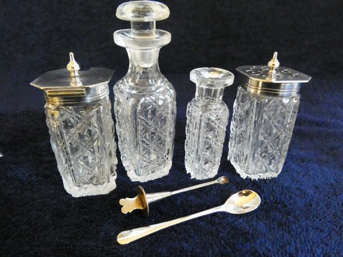 ANTIQUE ENGLISH 5 PIECE CRUET SET CRYSTAL AND SILVER PLATE c1890 - Picture 12 of 13