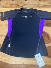 Aqua Lung SPF 50 Short Sleeve Womens Rash Guard - Black/Purple, Med loose fit 