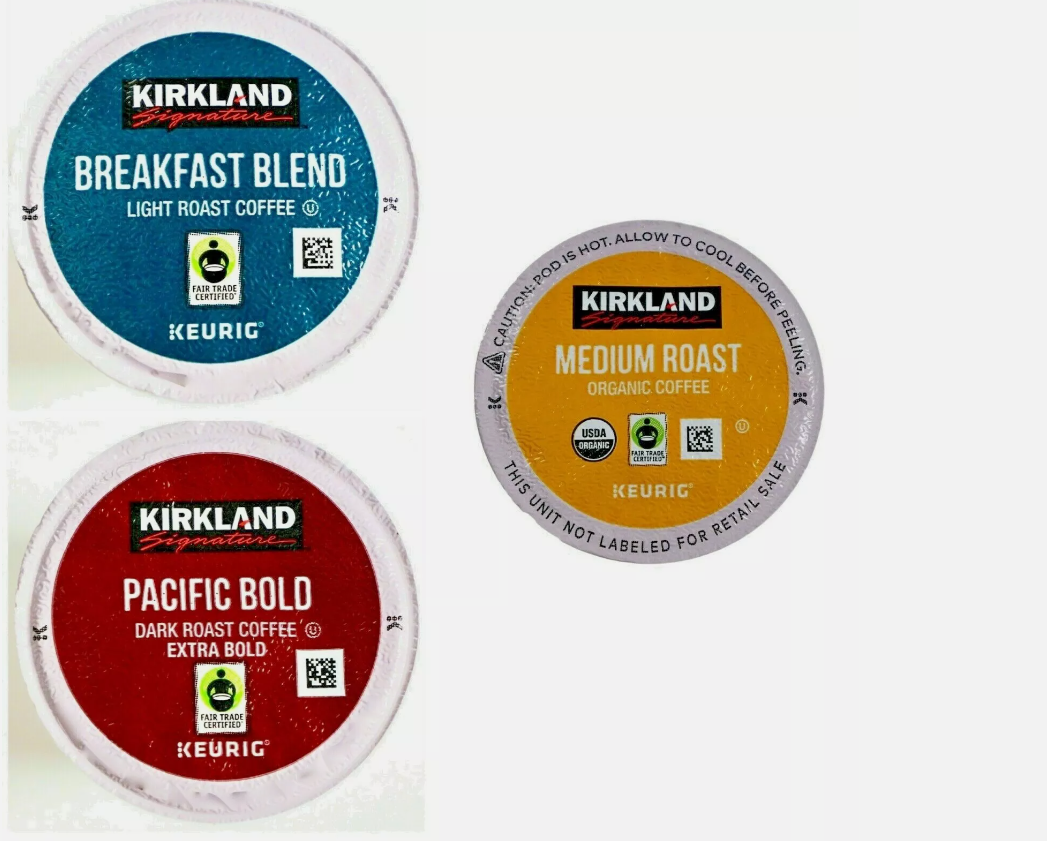 90 KCups Kirkland Signature, Breakfast, Organic Medium Roast, and Dark