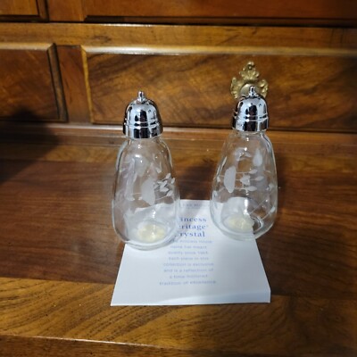 VTG Princess House Heritage Crystal Etched Salt & Pepper Shakers with Box #471