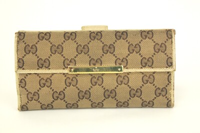 GUCCI GG Pattern Canvas Leather Brown White Bifold Long Wallet