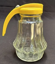 Vintage Hazel Atlas Ribbed Glass Syrup Pitcher Yellow Lid ~ Federal Tool Corp 5W
