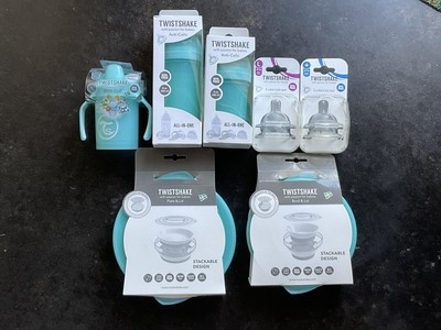 TwistShake Blue Bowl And Plate With Lid, Bottles, Nipples, Mini Cup New
