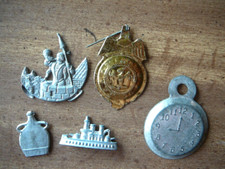 Five Vintage Pewter  Tin Small Premium Toys Cracker Jack Clock Badge Ship Jug