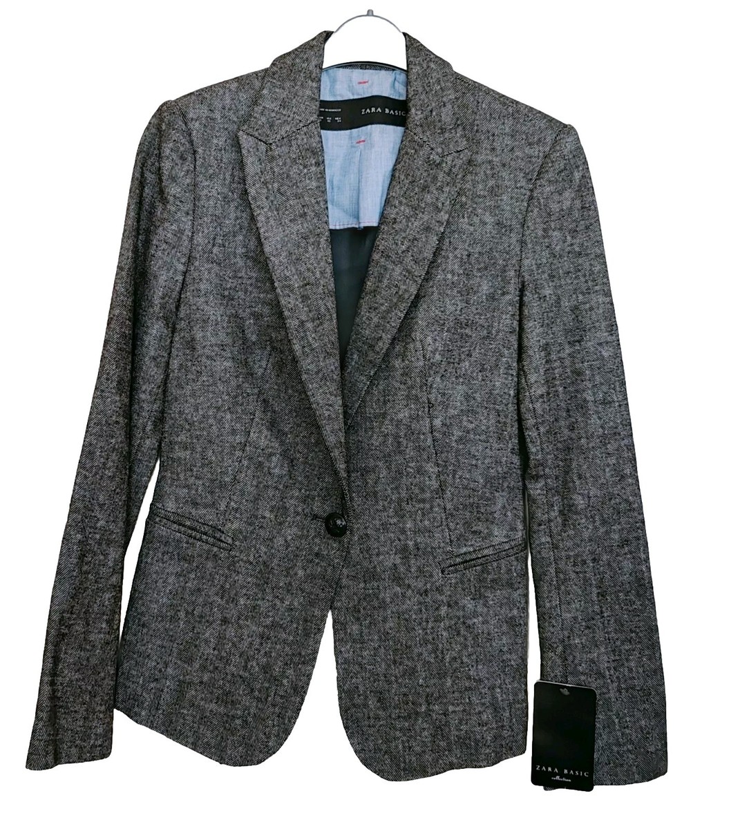 Zara Herringbone Blazer, Wool blend, Gray, UK Size XS, Brand New with tags