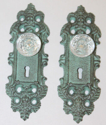 Cast Iron Door Plate With Acrylic//Glass Knob In Antique Turquoise//Teal Accent