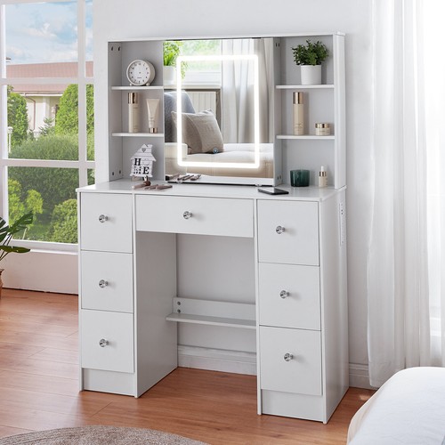 Vanity Set Specchio Illuminato LED con 7 Cassetti Trucco Comodino Bianco - Foto 5 di 10