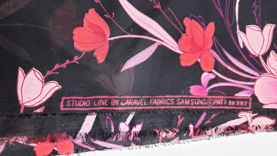Pink Flowers on black polyester chiffon Fabric 2.75  yds X 56" - Image 3 of 4