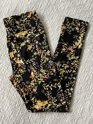 LuLaRoe Leggings OS Yellow Orange Coral White Flowers On Black 2016 Floral