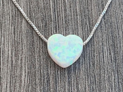White Opal Stone Pendant Minimalist Heart Fire Opal Necklace Sterling Silver