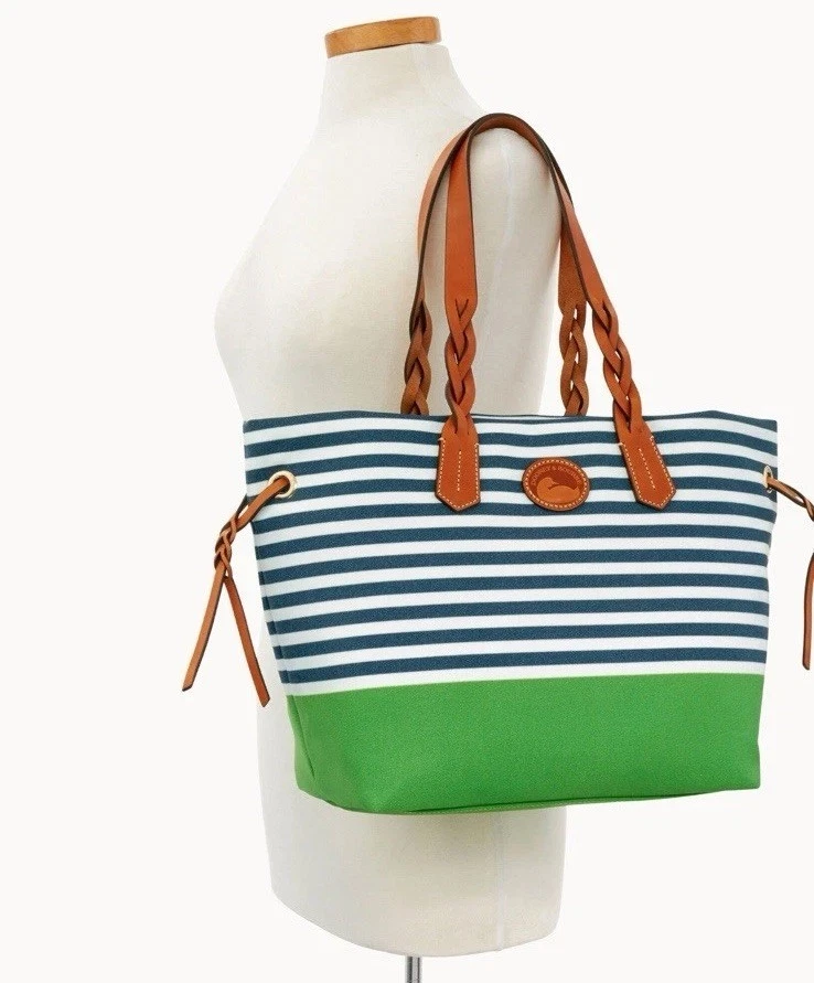 Bolso Shopper DOONEY & BOURKE Nylon Verde/Azul Marino Rayas, Asas de Cuero, Nuevo Foto 2 de 4