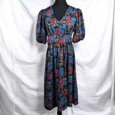 Virgo II Vintage Floral Puff Sleeve Midi Dress V-Neck Tie Waist Made in USA MED?