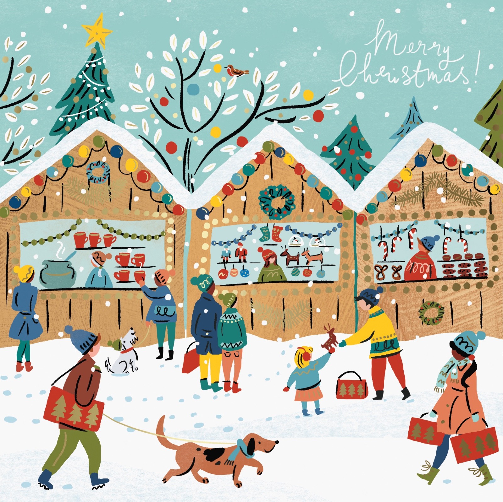 Snowy Xmas Market Scene Festive Art Collection Pack of 6 Charity Christmas Cards