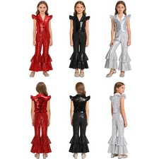 Kids Girls Stage Costume Disco Bell Bottom Pants Button-Down Sequin Outfit Prom