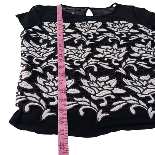 INC Blouse Top Romantic Artsy Floral Applique Feminine Cap Sleeves M Black White - Picture 5 of 8