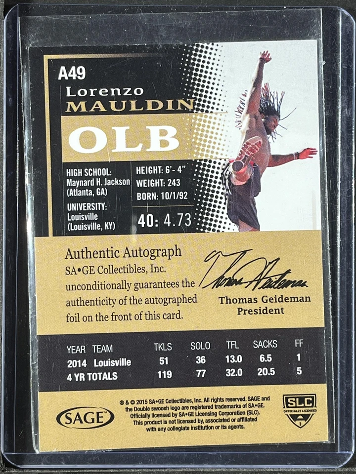 2015 SAGE HIT #A49 Lorenzo Mauldin Autographs Black 250009 - Image 2 of 2