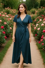 Baltic Born Women's Size XL Deep Blue Teal Krystal Satin Wrap Gown
