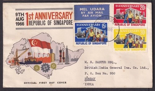 Singapore 1966 1st Anniversary of the Republic FDC to India